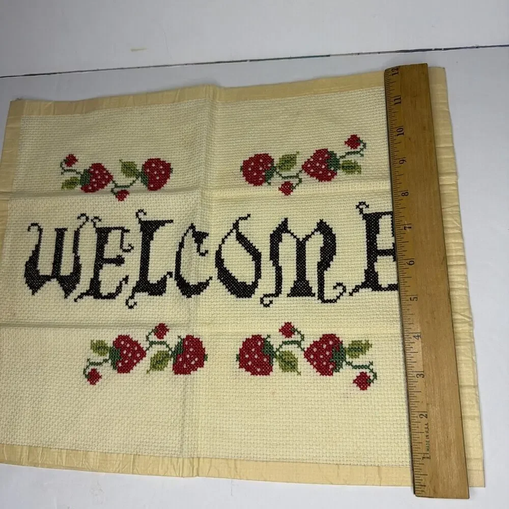 Cross Stitch Welcome Strawberries Finished Completed Sampler Vintage 80’s Gift